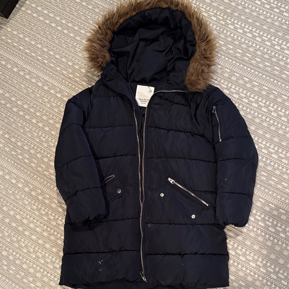 Zara Navy blue Puffer Jacket with Faux Fur Trim